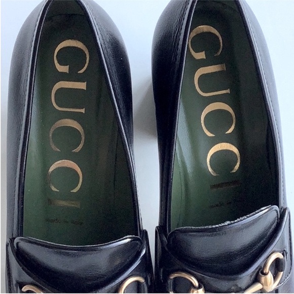 Gucci Houdan Black Leather Gold Horsebit Platform Slip On Loafers S 39 1/2 - Picture 6 of 12